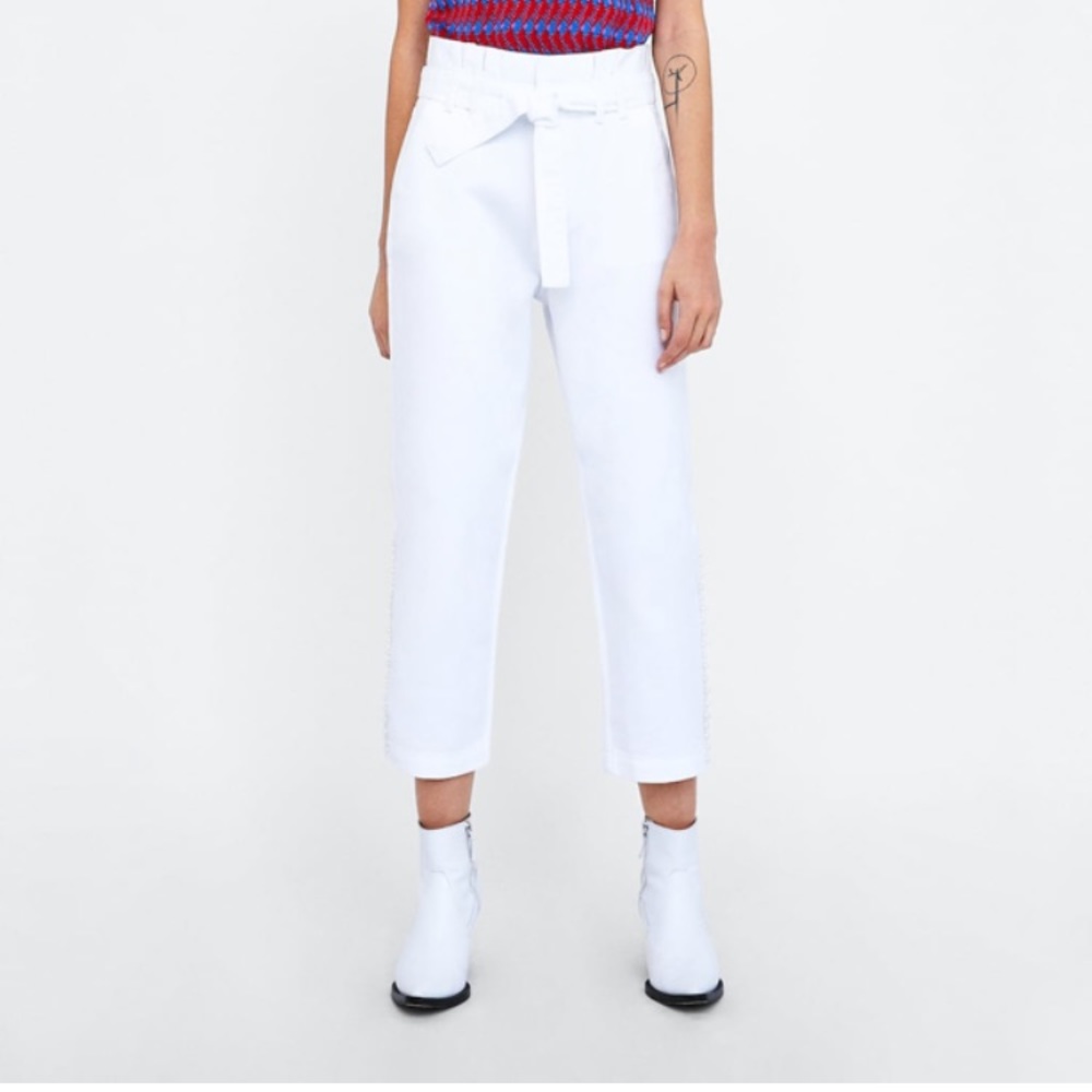 high waist, white pearl bead bead trimmed pants
